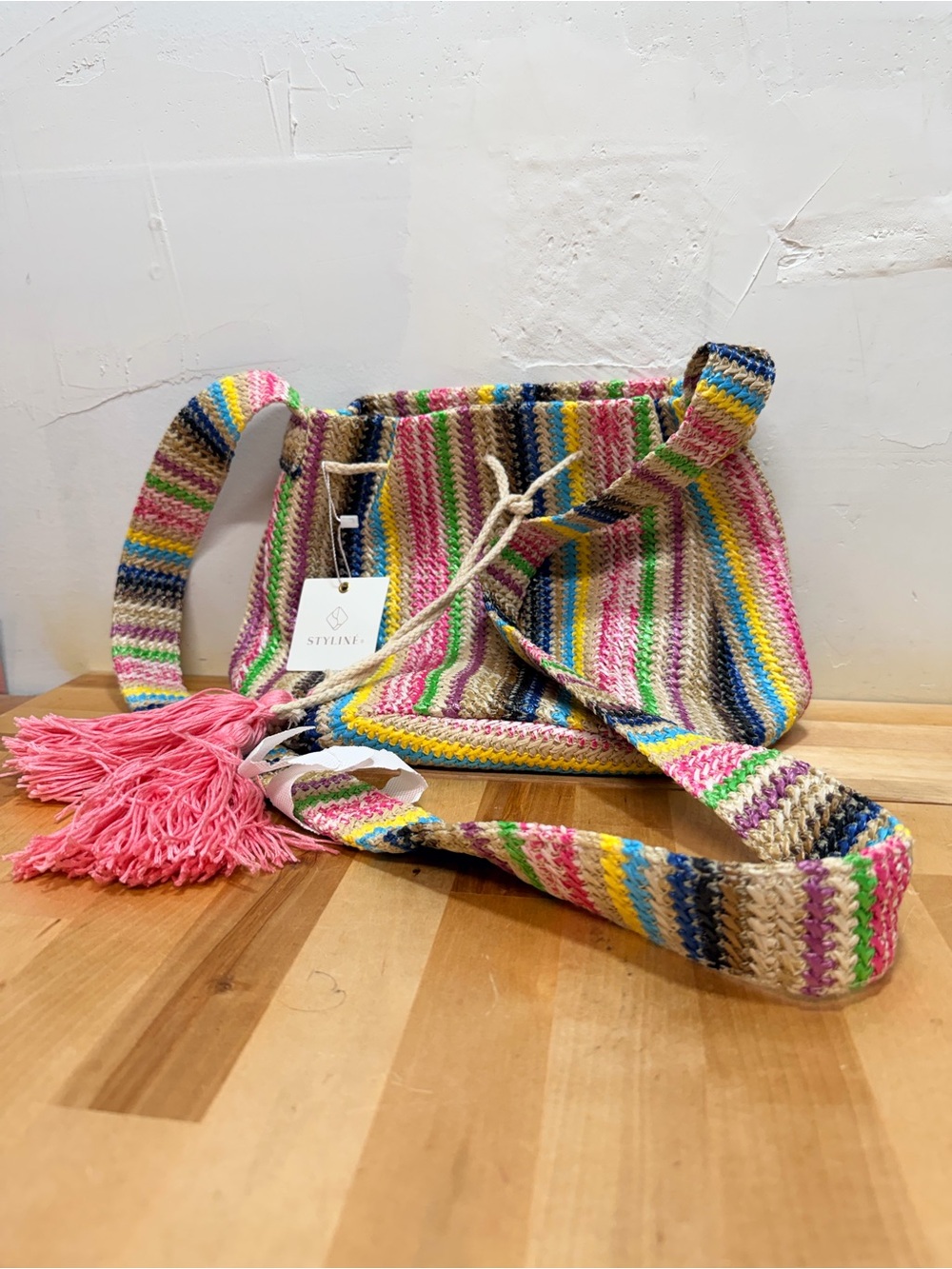 Multicolor Woven Bucket Bag with Tassel Strap - Picture 4 of 4
